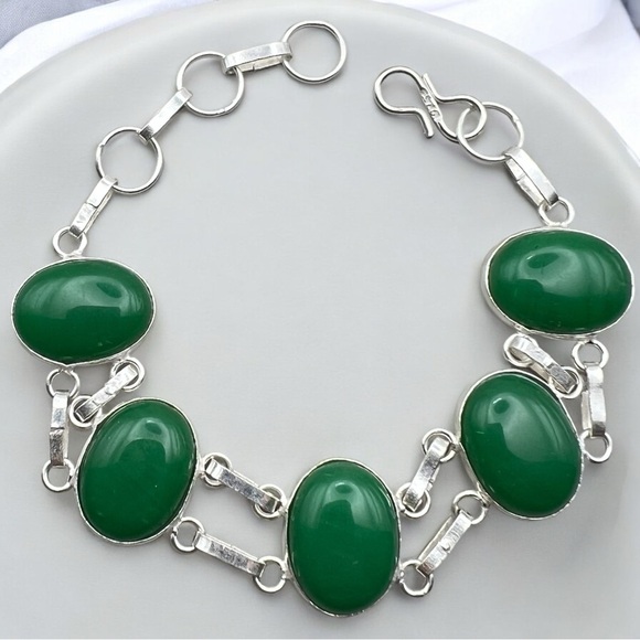 New Green Onyx Stone Silver Overlay Bracelet 6.25 - 7.5 - Picture 1 of 9